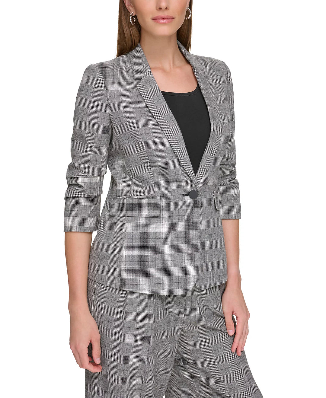 DKNY Printed Ruched-Sleeve One-Button Blazer