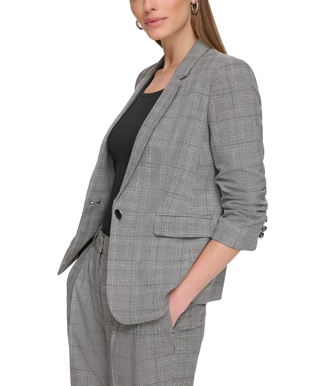 DKNY Printed Ruched-Sleeve One-Button Blazer