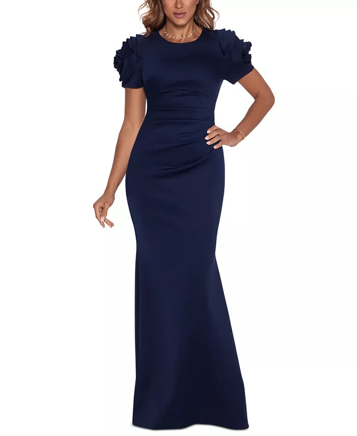 XSCAPE 3D-Flower Short-Sleeve Side-Pleated Gown