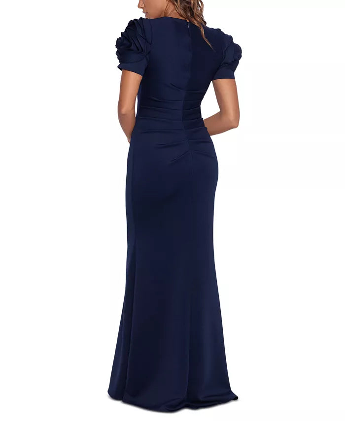 XSCAPE 3D-Flower Short-Sleeve Side-Pleated Gown