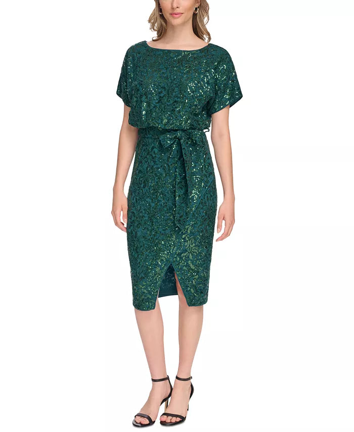 kensie Sequin Floral-Lace Blouson Wrap Dress