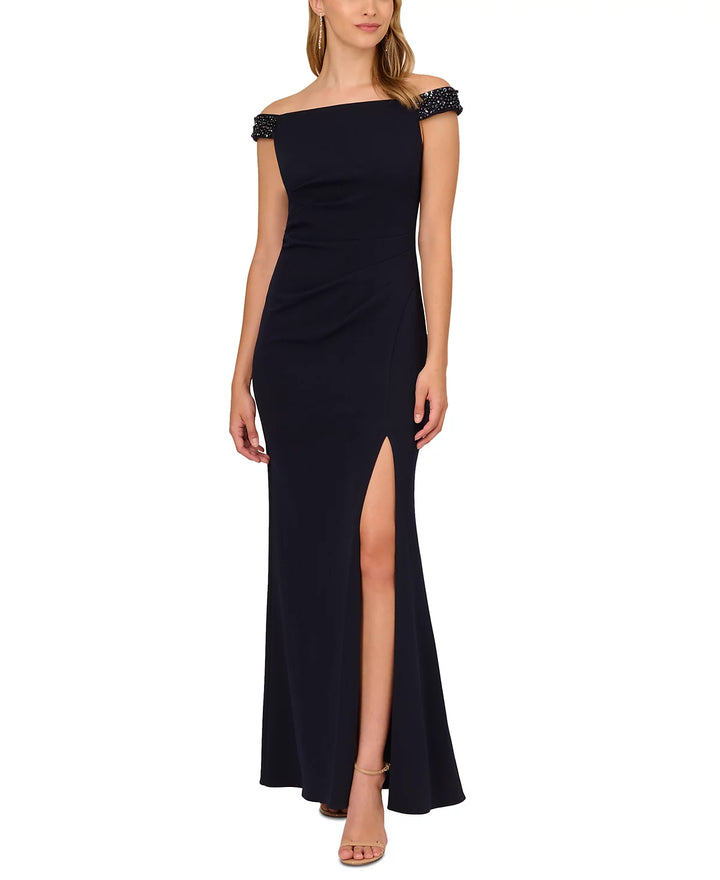 Adrianna Papell Beaded-Trim Off-The-Shoulder Gown