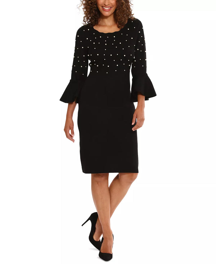 London Times Crewneck Flared-Sleeve Sheath Dress
