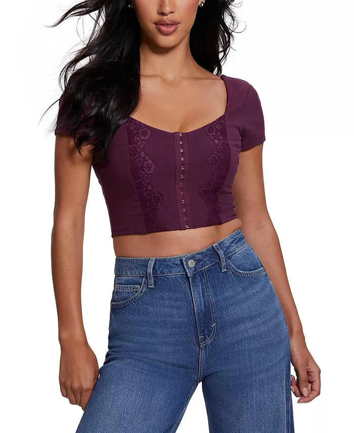 GUESS Jamie Ribbed Lace-Trim Crop Top