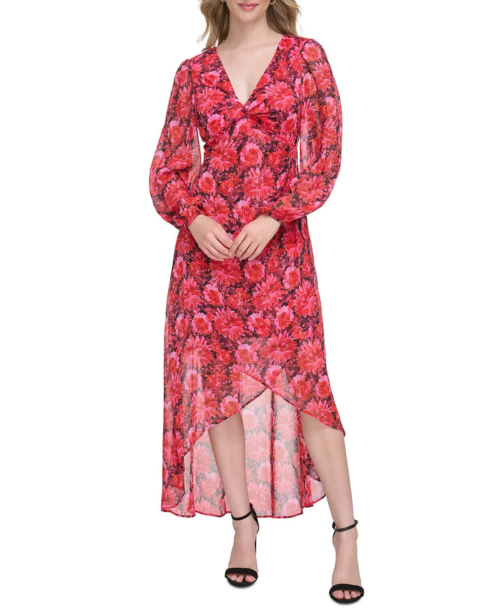 GUESS Floral-Print Long-Sleeve Faux-Wrap Dress