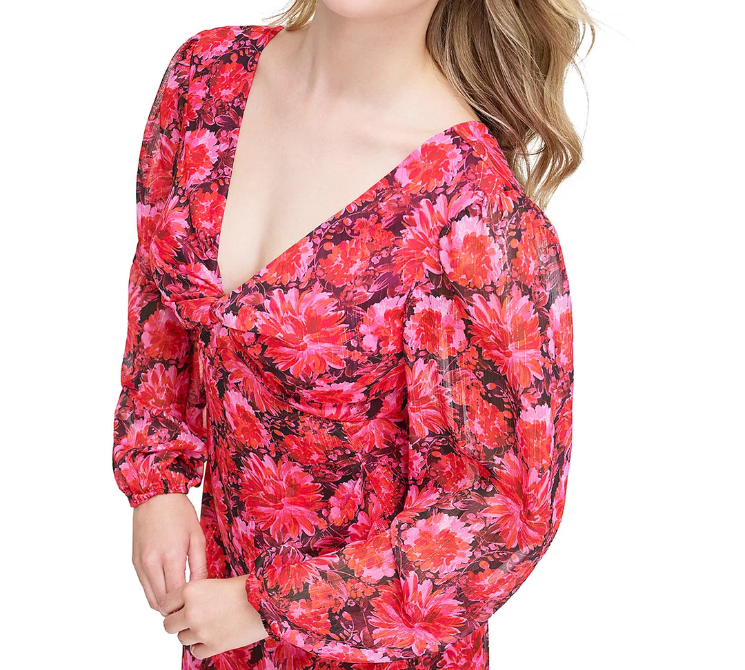 GUESS Floral-Print Long-Sleeve Faux-Wrap Dress