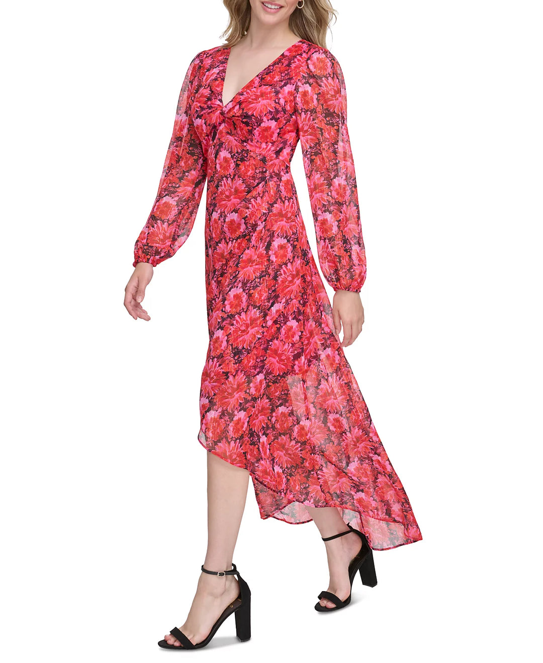 GUESS Floral-Print Long-Sleeve Faux-Wrap Dress