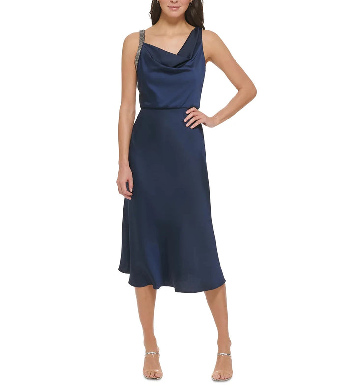 DKNY Crepe Satin Cowlneck Embellished Straps Midi Dress