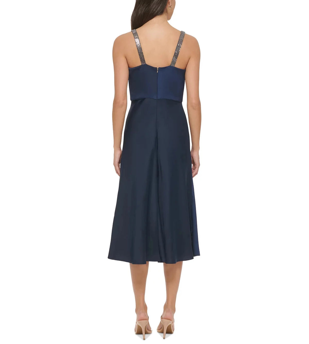 DKNY Crepe Satin Cowlneck Embellished Straps Midi Dress