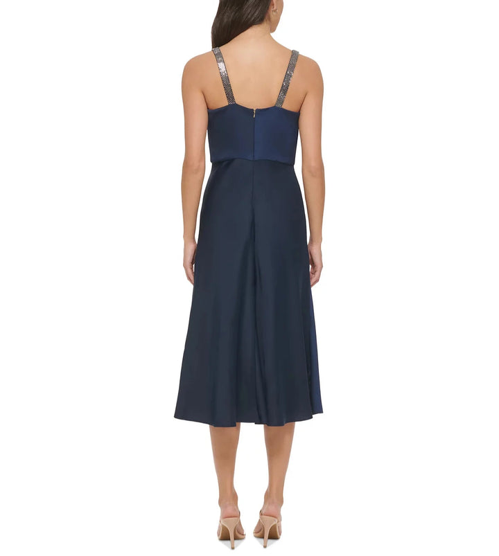 DKNY Crepe Satin Cowlneck Embellished Straps Midi Dress
