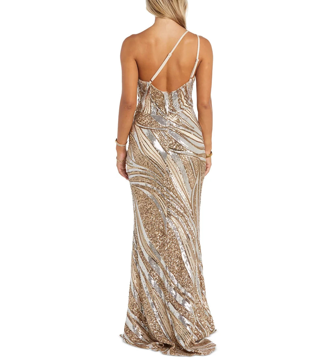 Nightway Illusion-Trim One-Shoulder Sequin Gown