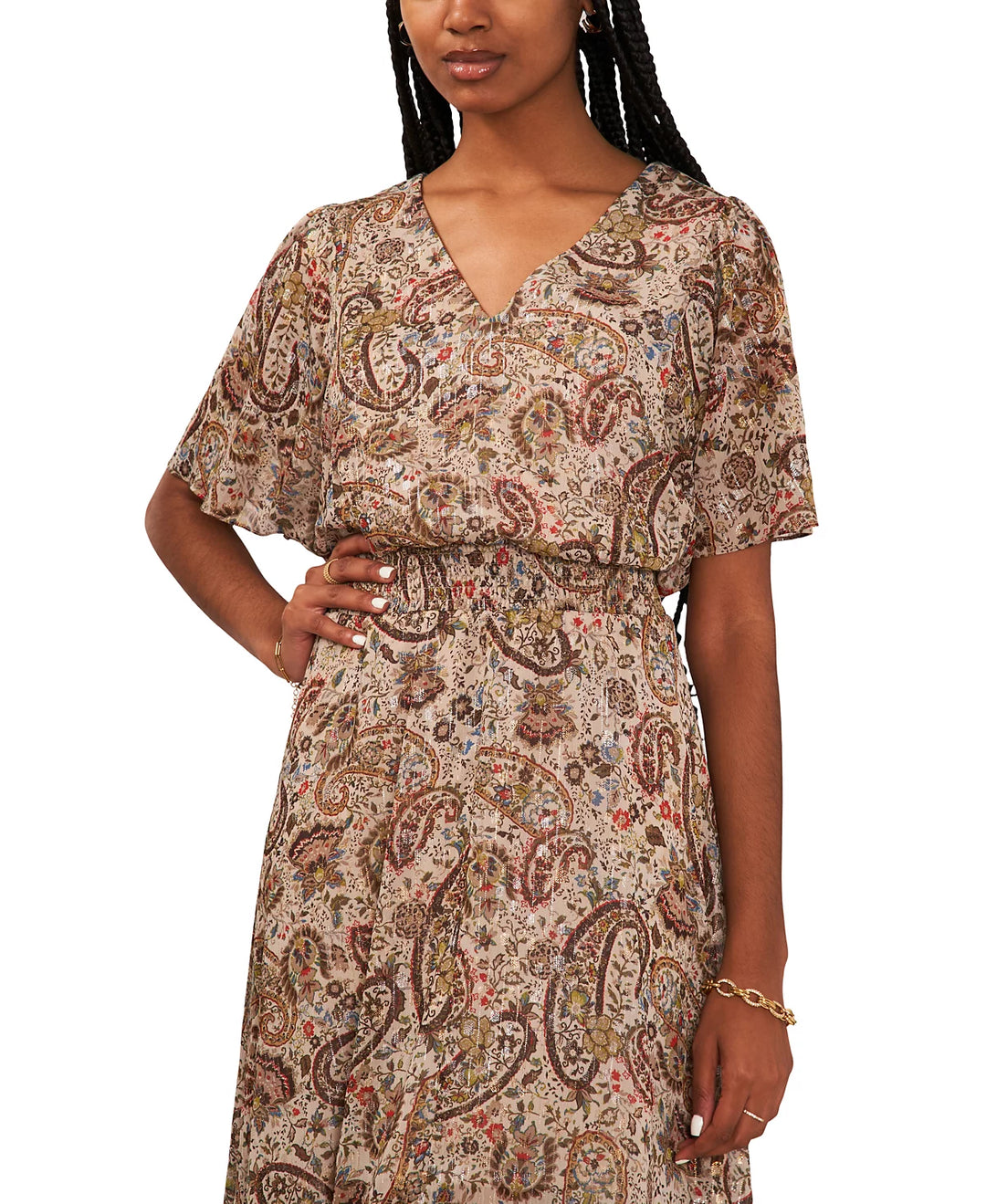 MSK Paisley-Print Flutter-Sleeve Maxi Dress