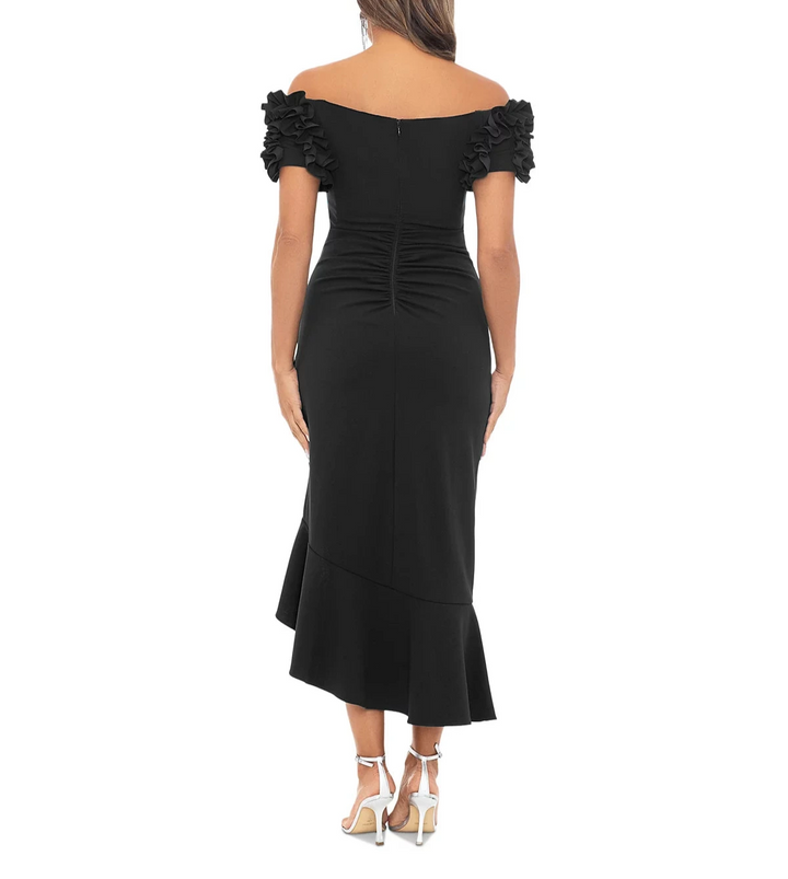 XSCAPE Petite Off-the-Shoulder Ruffle-Sleeve Midi Dress