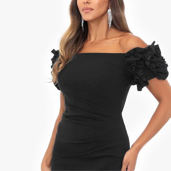 XSCAPE Petite Off-the-Shoulder Ruffle-Sleeve Midi Dress