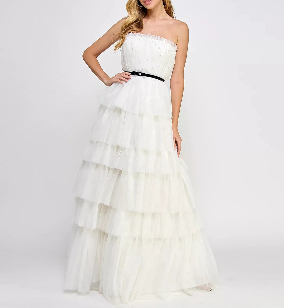 Say Yes To The Prom Tulle & Faux Pearl Tiered Ball Gown