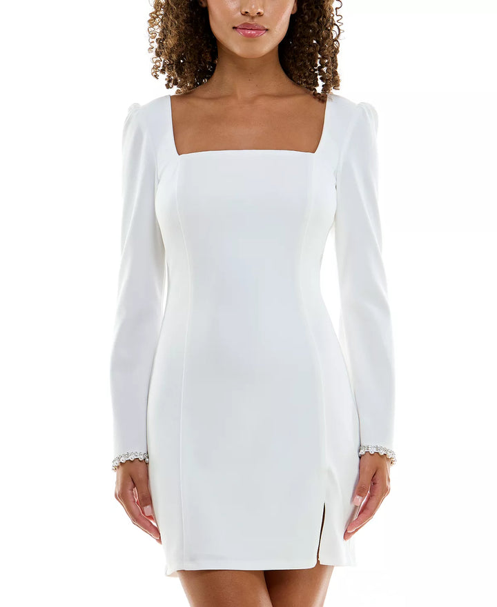 Speechless Juniors' Long Sleeve Faux-Pearl- Sleeve Dress