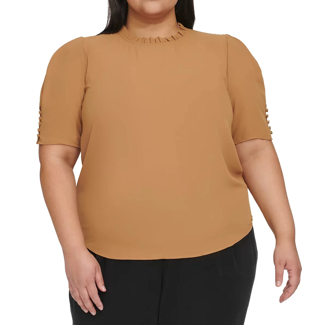 Calvin Klein Ruffle-Neck Button-Sleeve Top