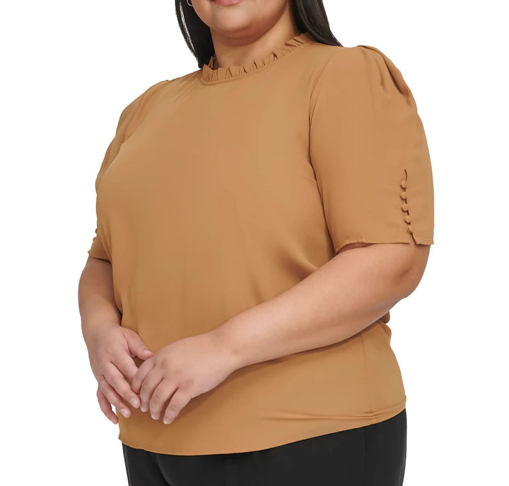 Calvin Klein Ruffle-Neck Button-Sleeve Top