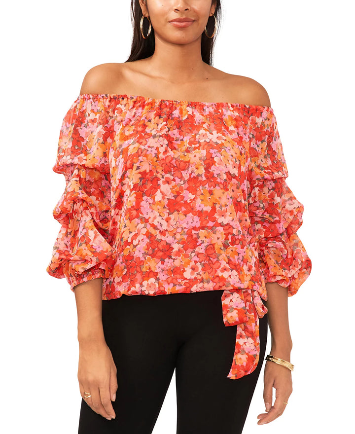 Vince Camuto Floral Off The Shoulder Bubble Sleeve Tie Front Blouse