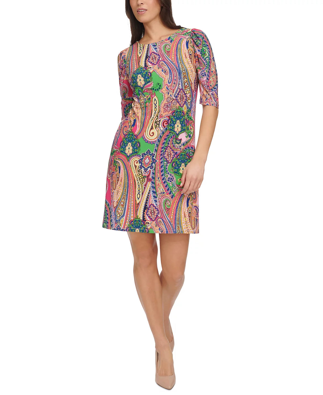 Tommy Hilfiger Petite Paisley Ruched-Sleeve Jersey Shift Dress DGFOutlet Tommy Hilfiger Petite Paisley Ruched-Sleeve Jersey Shift Dress DGFOutlet