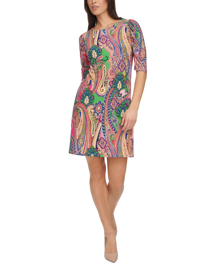 Tommy Hilfiger Petite Paisley Ruched-Sleeve Jersey Shift Dress