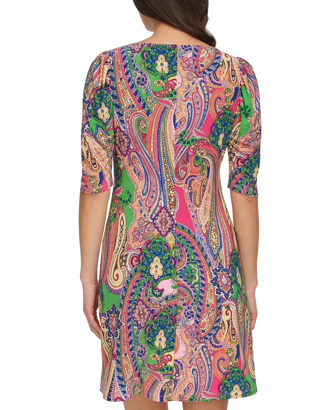 Tommy Hilfiger Petite Paisley Ruched-Sleeve Jersey Shift Dress