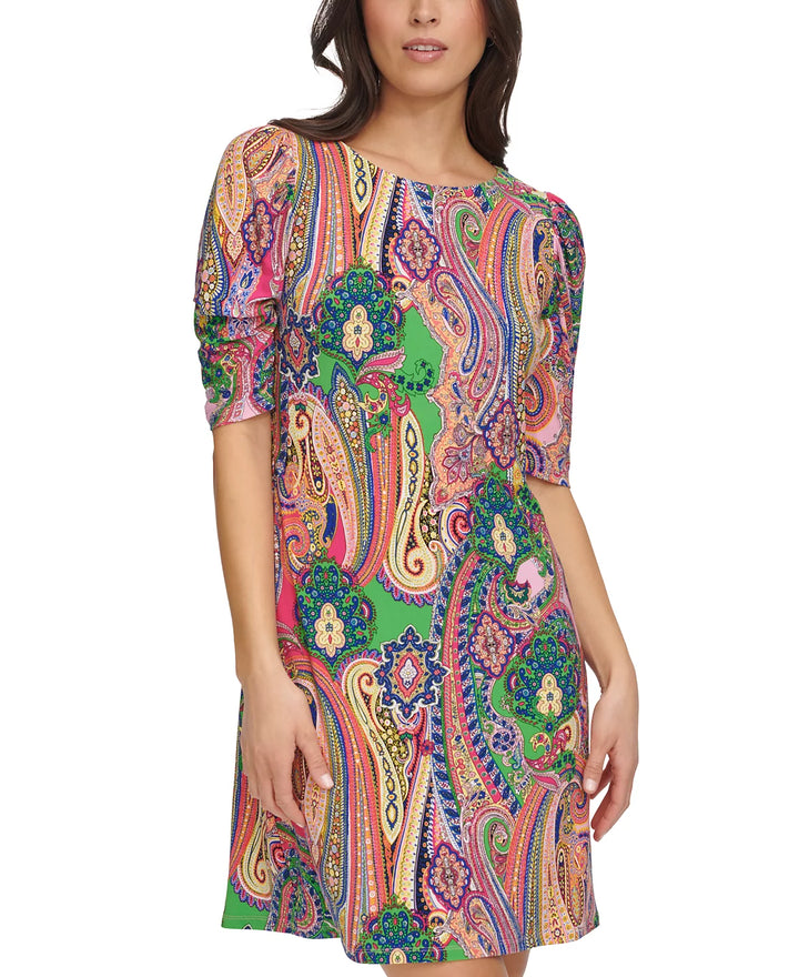 Tommy Hilfiger Petite Paisley Ruched-Sleeve Jersey Shift Dress