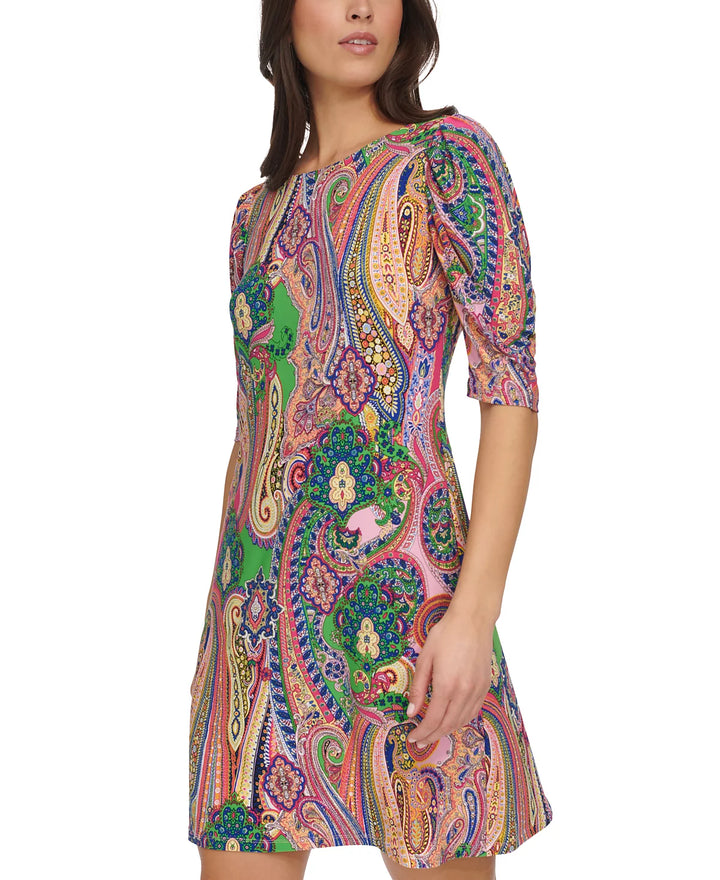 Tommy Hilfiger Petite Paisley Ruched-Sleeve Jersey Shift Dress