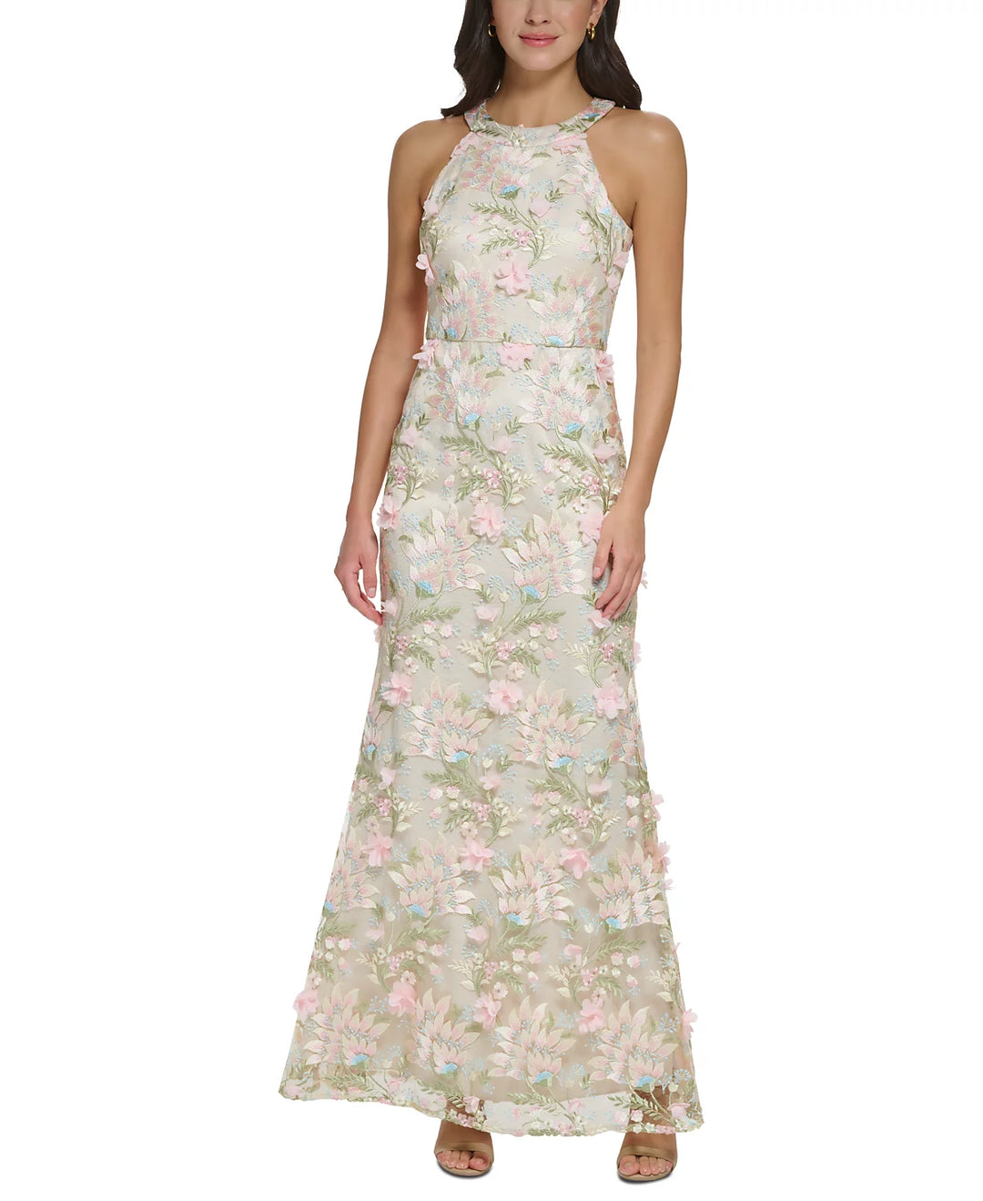 Eliza J Petite Floral-Appliqué Embroidered Gown