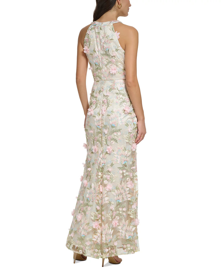 Eliza J Petite Floral-Appliqué Embroidered Gown