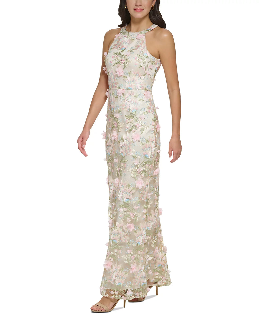 Eliza J Petite Floral-Appliqué Embroidered Gown