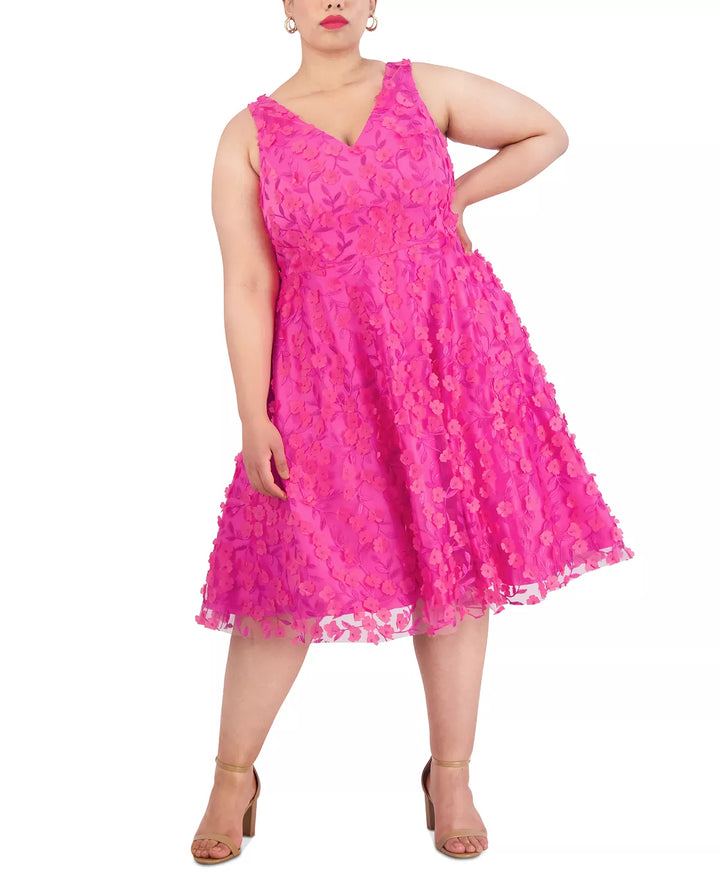 Eliza J Plus Size 3D Floral-Applique Fit & Flare Dress