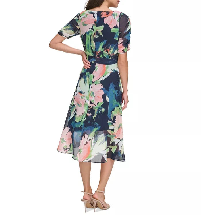 DKNY Floral Tie-Waist Ruched-Sleeve Dress