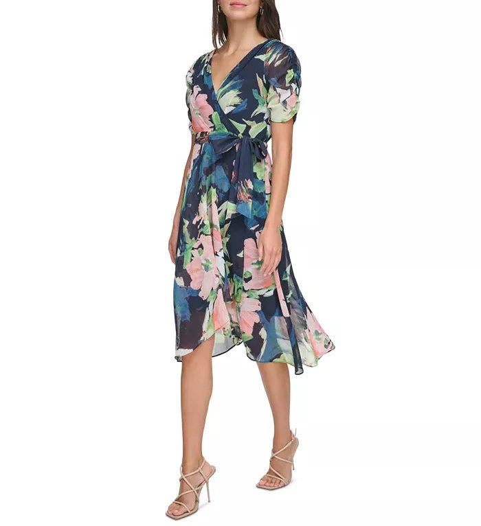 DKNY Floral Tie-Waist Ruched-Sleeve Dress