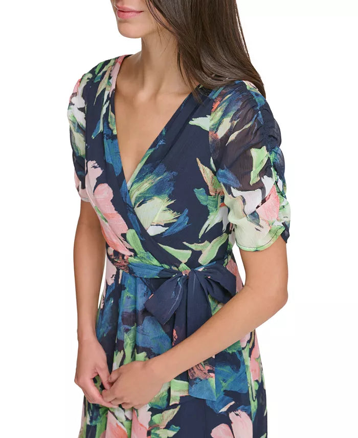 DKNY Floral Tie-Waist Ruched-Sleeve Dress