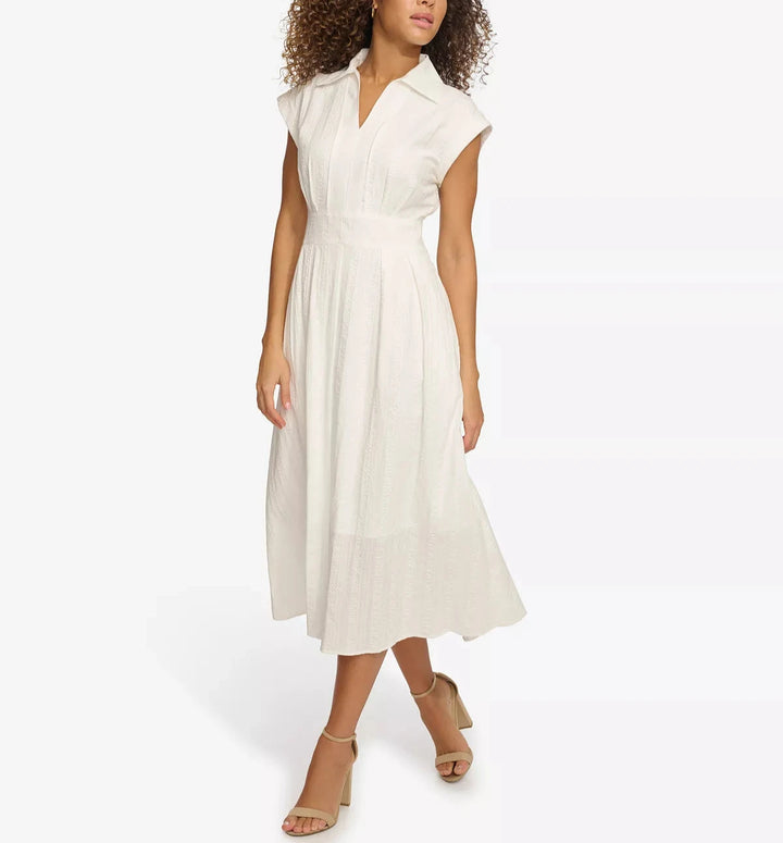 kensie Textured-Stripe Collared Midi Dress