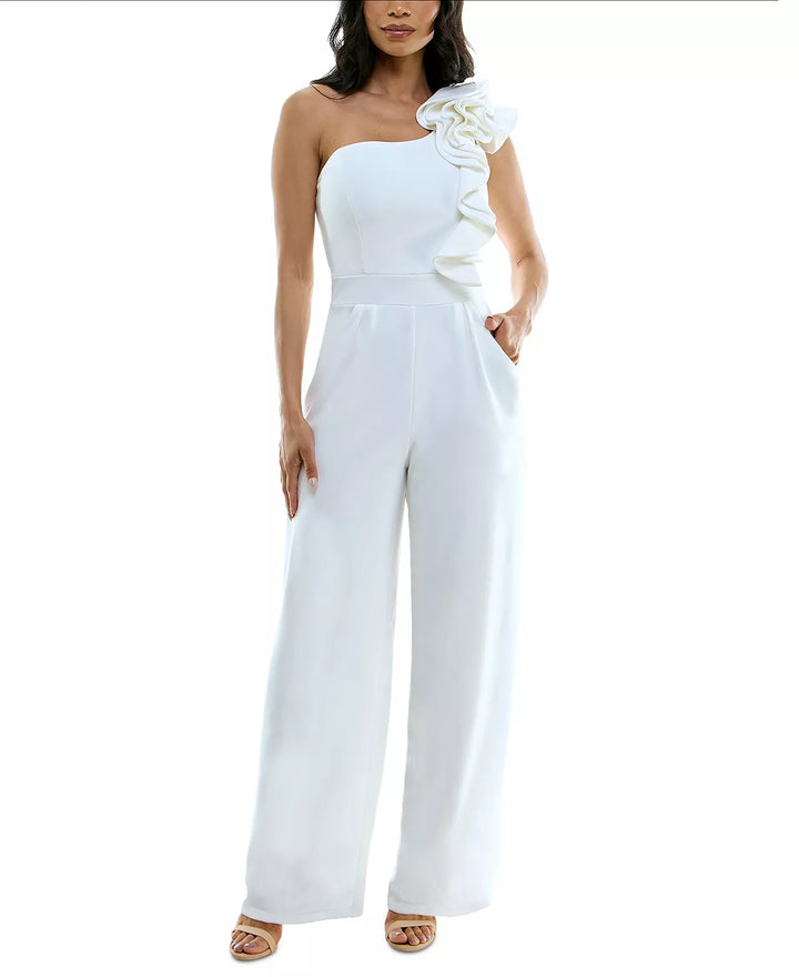 Emerald Sundae Asymmetric-Neck One-Shoulder Ruffle Jumpsuit