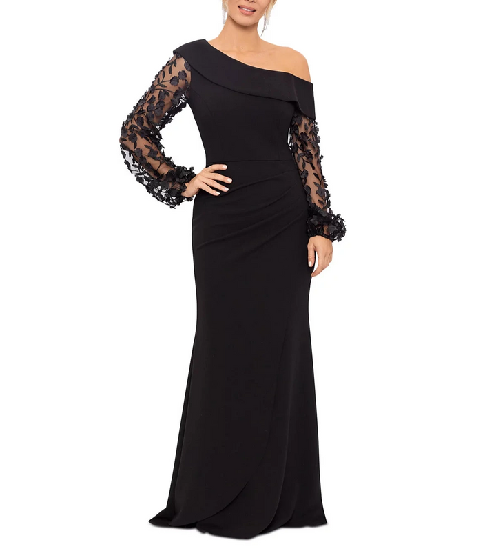 XSCAPE Petite Off-The-Shoulder Floral-Sleeve Gown