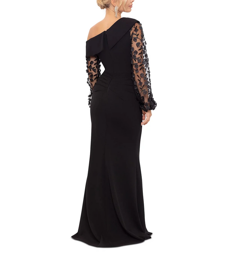 XSCAPE Petite Off-The-Shoulder Floral-Sleeve Gown