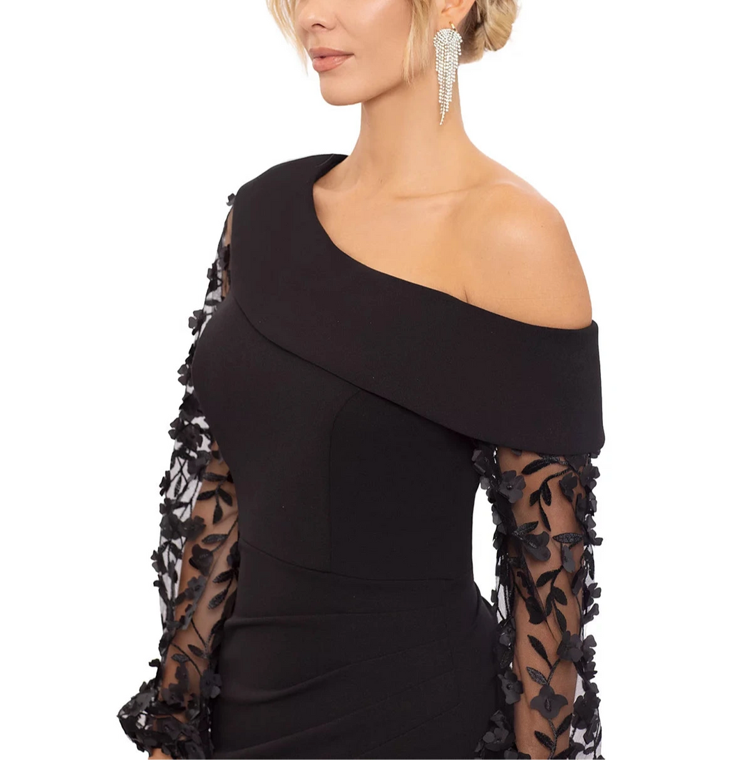 XSCAPE Petite Off-The-Shoulder Floral-Sleeve Gown