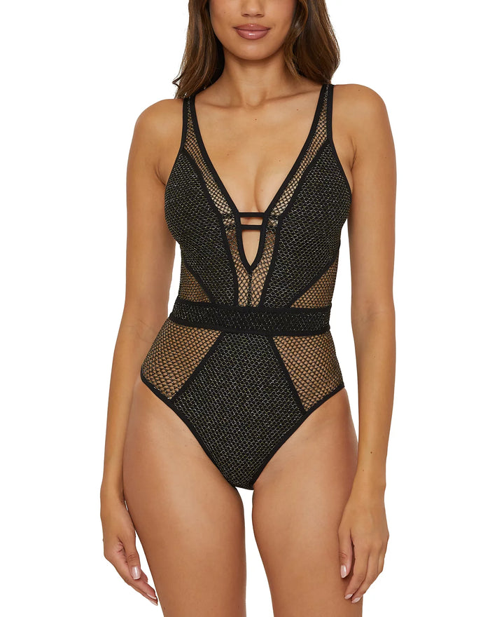Becca Network Metallic Mesh Plunge-Neck One-Piece Swimsuit
