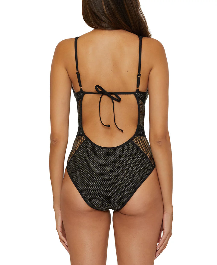Becca Network Metallic Mesh Plunge-Neck One-Piece Swimsuit
