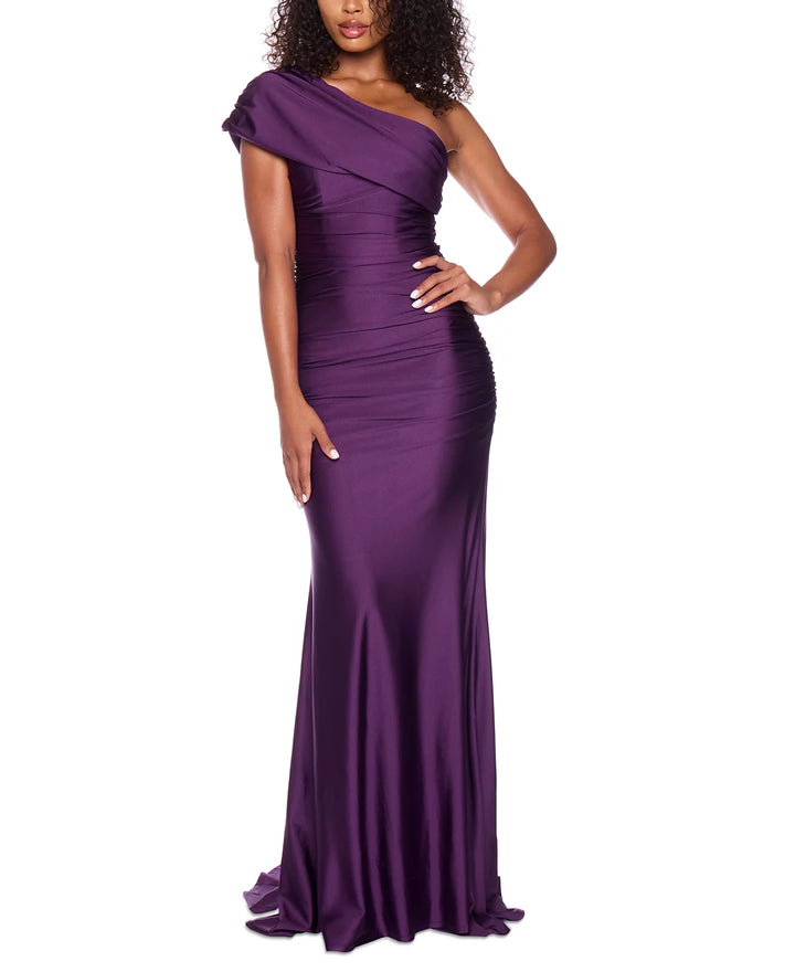 B. Darlin Juniors' One-Shoulder Draped Floor-Sweeping Gown