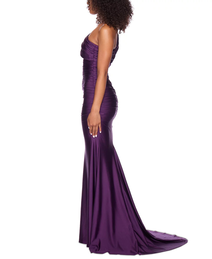 B. Darlin Juniors' One-Shoulder Draped Floor-Sweeping Gown