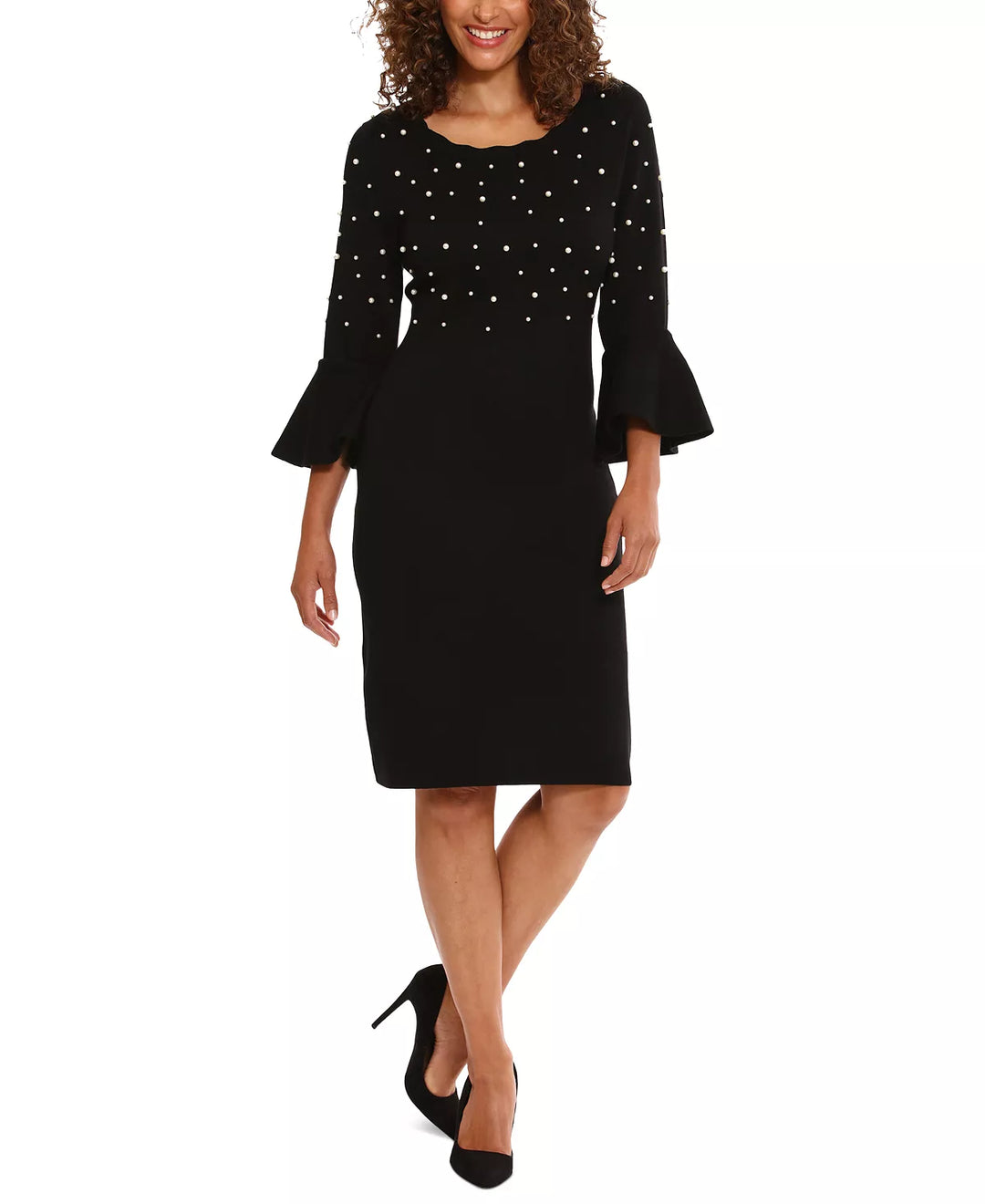 London Times Crewneck Flared-Sleeve Sheath Dress