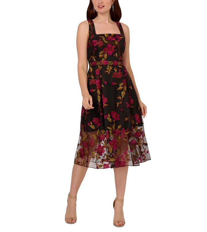 Adrianna Papell Embroidered Floral Midi Dress