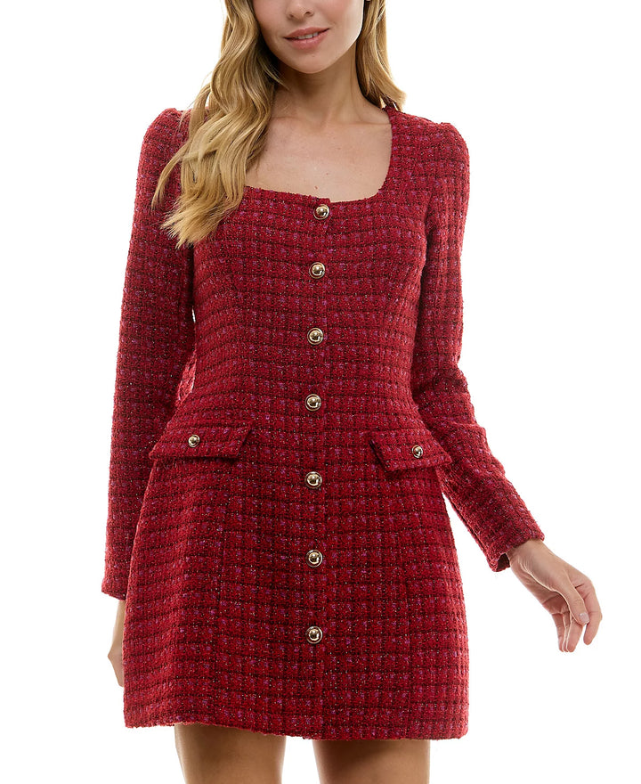 City Studio Juniors' Square-Neck Long-Sleeve Tweed Dress