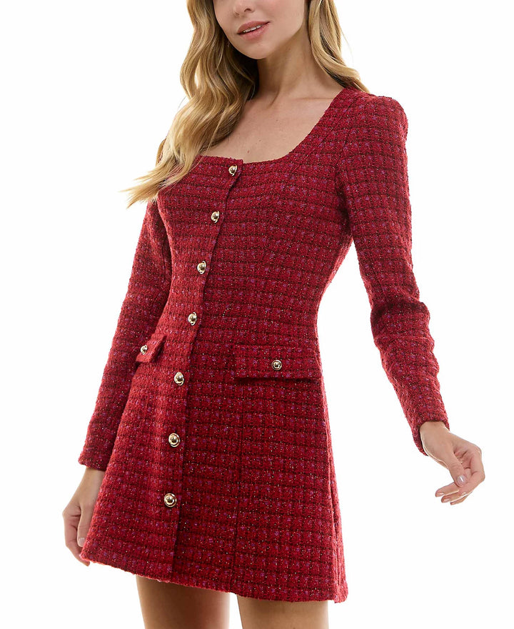 City Studio Juniors' Square-Neck Long-Sleeve Tweed Dress