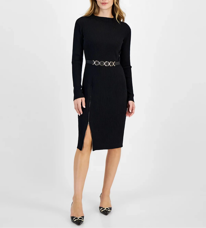 Robbie Bee Ribbed Belted Side-Slit Sweater Dress