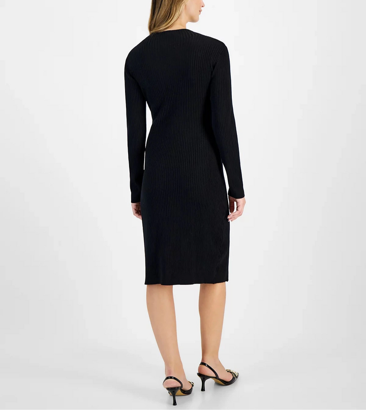 Robbie Bee Ribbed Belted Side-Slit Sweater Dress